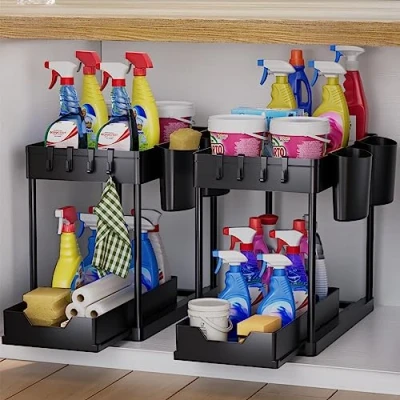 Image of AIXPI Under Sink Storage Kitchen Organiser, Bathroom 2 Tier Pull Out Cupboard Organiser shelf, Home Organisation for Cabinet 2Pack