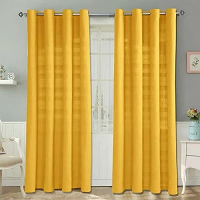 Image of HOMESCAPES Yellow Rajput Eyelet Curtain Pair 167cm (66&quot;) Wide x 182cm (72&quot;) Drop 100% Cotton Ring Top Plain Curtains