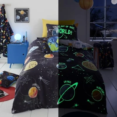 Image of Bedlam Glow in the Dark Space Duvet Cover Double Bedding Size (200 x 200cm) Reversible (2 Designs) Galaxy &amp; Planet for Boys Solar System Universe Kids
