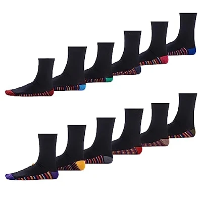 Image of Mens Black Colour Heel and Toe Socks 12 Pack Comfortable, Everyday, Cotton Rich Breathable UK Shoe Size 6 11 (Footbed Stripe)