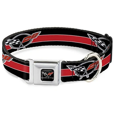 Image of Dog Collar Seatbelt Buckle Corvette C5 Logo Stripe Black White Red Gray Repeat 18 to 32 Inches 1.5 Inch Wide