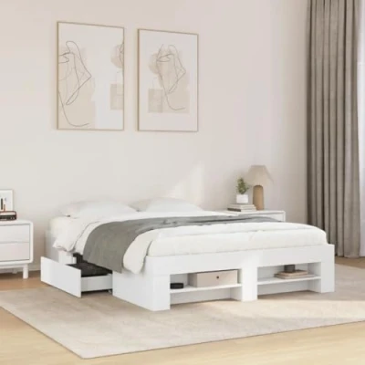 Image of vidaXL Bedroom Base Bed Frame Bedstead Engineered Wood White Double 140x190 cm, Plywood Slats, Storage Compartments