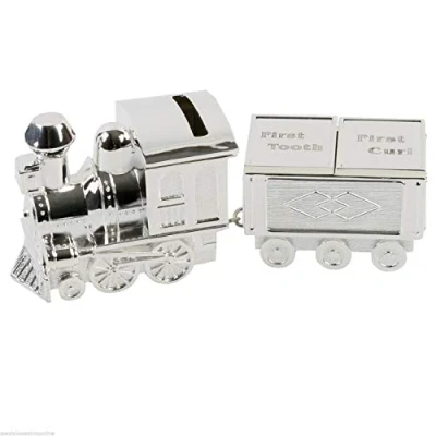 Image of Silver Plated Train Money Box, Tooth &amp; Curl Carriages Baby Christening Gift