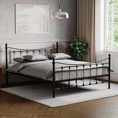 Image of Vida Designs Paris King Size Bed, 5ft Bed Frame Metal Headboard High Foot End Bedroom Furniture, Black