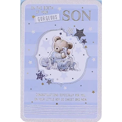 Image of prelude New Baby Boy Card Congratulations On The Birth Of Your Gorgeous Son Lovely Quality Bear &amp; Balloons Card.