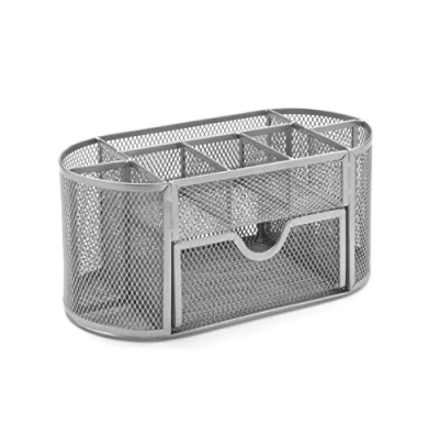 Image of OSCO Silver Wiremesh Organiser with Drawer Desk Tidy Pen Holder Office Storage Pencil 8 Compartments Stationery Caddy H10.5 x W22 D11 cm