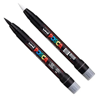 Image of Posca Uni PCF 350 Brush Tipped Paint Marker Art Pen Fabric Glass Metal Black &amp; White Set (1 of each)
