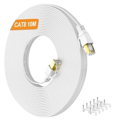Image of Cat 8 Ethernet Cable 10M, High Speed White Internet 40Gbps 2000MHz Gigabit STP Shielded, Flat Outdoor Indoor Lan 10m Cat8 RJ45 Network Patch Cord for PS4/5, Xbox, Modem, Router, Switch