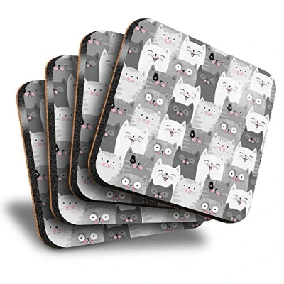 Image of Destination Vinyl ltd Great Coasters (Set of 4) Square Cute Cat Audience Grey White Drink Glossy Coasters/Tabletop Protection for Any Table Type #14431