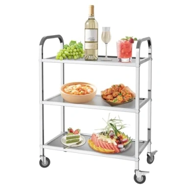 Image of MOOTACO 3 Tier Stainless Steel Kitchen Trolley Cart,63x81x31cm Large Serving with Locking Wheels for Kitchen, Hotels, Restaurants