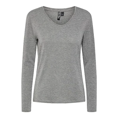Image of PIECES Women&#039;s Pcbillo Ls V Neck Noos Fc T Shirt, Light Grey Melange/Stripes: Lurex, S