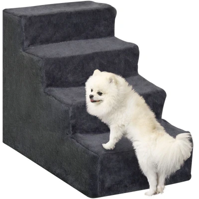 Image of PawHut Dog Steps for Sofa, 4 Stairs, Pet with Washable Plush Cover, Small Breeds, Cats Dark Grey