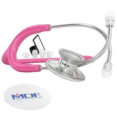 Image of MDF Acoustica Lightweight Stethoscope, Dual Head, Fuchsia Tube, Silver Chestpiece Headset, MDF747XP32