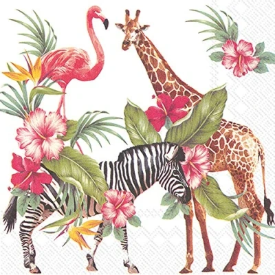 Image of IHR SAFARI PARK Exotic Animals Giraffe Zebra Flamingo Luncheon Paper Table Napkins 20 in a pack 33cm square