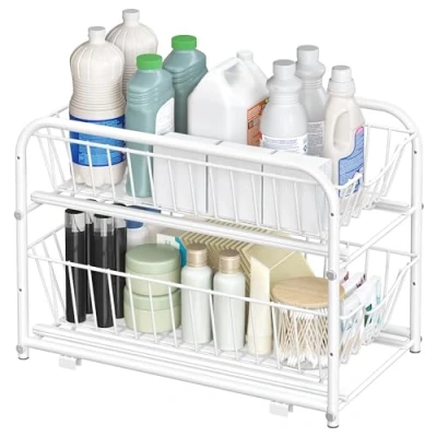 Image of SONGMICS Cupboard Organiser, 2 Tier Under Sink Storage Organiser with Sliding Basket Drawers, Stackable Cabinet for Kitchen, Bathroom, Matte White KCS017W01