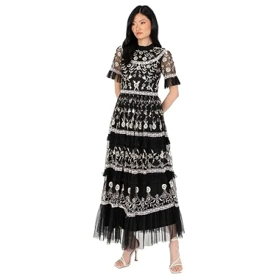 Image of Maya Deluxe Women&#039;s Midaxi Dress Ladies Ruffle Frilly Floral Embroidered Tiered Ball Gown for Wedding Guest Prom Evening Occasion, Black, 14