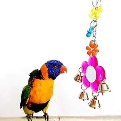 Image of Bird Mirror Toy for Parrot Budgie Parakeet Cockatiels Conure Finch Lovebird African Grey Macaw Amazon Cockatoo Chew Bell Flower Swing Cage Bells