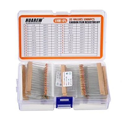 Image of HUAREW 1/4W Carbon Film Resistors Assortment Kit 1 Ohm 1M with 5% 1/4 Watt Resistor (1000 Pcs 25 Values)