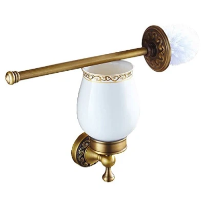 Image of Antique Brass WC Toilet Cleaning Brush + Wall Mounted Holder with Ceramics Cup