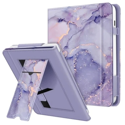 Image of Fintie Case for Tolino Vision Color (2024)/Vision 6 (2021) &amp; Kobo Libra Colour (2024)/Libra 2 7 Inch Kickstand with Card Slot Wrist Strap and Auto Sleep/Wake, Purple Marble