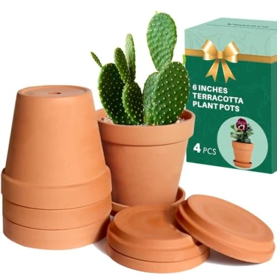 Image of vensovo 15cm Clay Pot for Plant with Saucer 4 Pack Large Terra Cotta Drainage Hole, Flower Tray, Terracotta Indoor Outdoor
