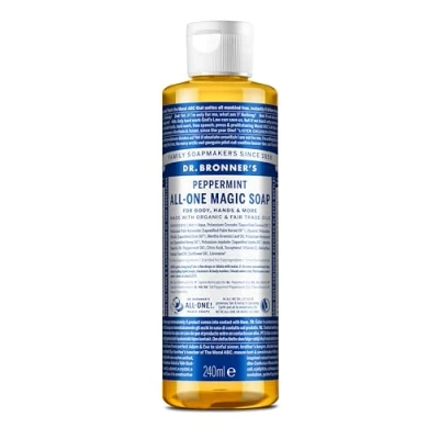 Image of Dr Bronner&#039;s 18 in 1 Peppermint Pure Castile Liquid Soap, Made with Organic Oils, Used for Face, Body, Hair, Laundry, Pets and Dishes, Certified Fair Trade &amp; Vegan Friendly, 237ml Recycled Bottle