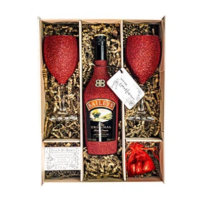 Image of Baileys Original Irish Cream Liqueur 70cl Sparkling Red Gift Set With Pair of Glasses, Chocolates and Box For Lover (Hand Crafted Bottle &amp; Glass Tops)