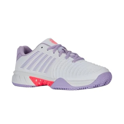 Image of K SWISS Express Light 3 Clay court tennis shoes, Women&#039;s, Size: 5, White/orchid petal/neon blaze Synthetics/textile