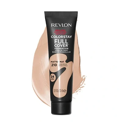 Image of Revlon ColorStay Full Cover Longwear Matte Foundation, Heat &amp; Sweat Resistant Lightweight Face Makeup, Sand Beige (210), 30ml