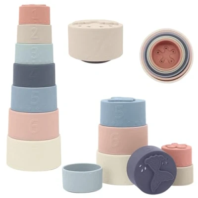 Image of 7 PCS Baby Stacking Cups Silicone, Early Development and Activity Toys, Learning Sensory Tower, Soft Teething Toy, Educational Toy with Numbers Colour, Gift for Babies Boys Girls