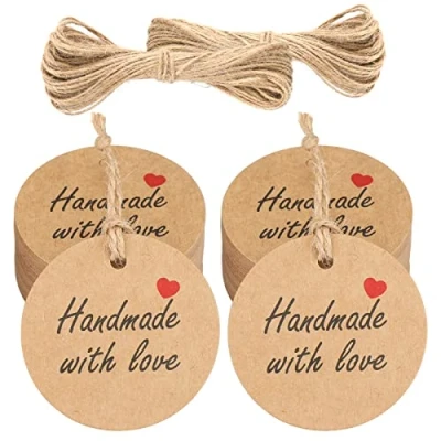 Image of jijAcraft 100PCS Handmade with love Gift Tags, 5CM Kraft Paper Brown labels 20M Jute Twine for Crafts Valentines Wedding Favour