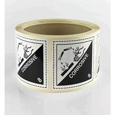 Image of Class 8 Labels 50mm Corrosive Rolls of 250 Self Adhesive Hazard Warning Diamond