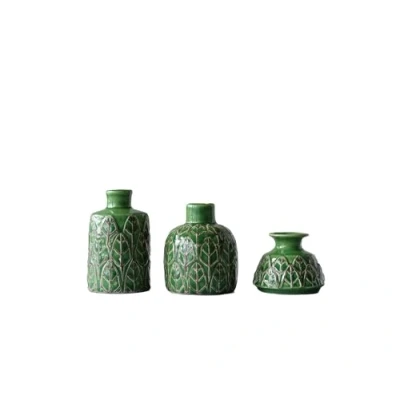 Image of Creative Co Op Green Embossed Stoneware (Set of 3 Sizes) Vases