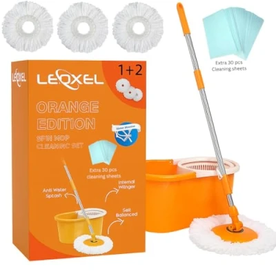 Image of Spin Mop &amp; Buckets Sets 360 Easy Wring System, Floor Cleaner with Extra 3 Reusable Microfibre Pads 30 Wipes Deep Clean for Tile, Laminate, Wood, Vinyl Orange
