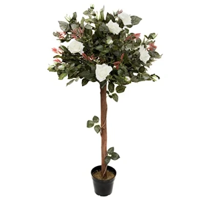 Image of GreenBrokers Artificial White Rose Tree 30 Flowers 120cm/4ft, Faux Silk