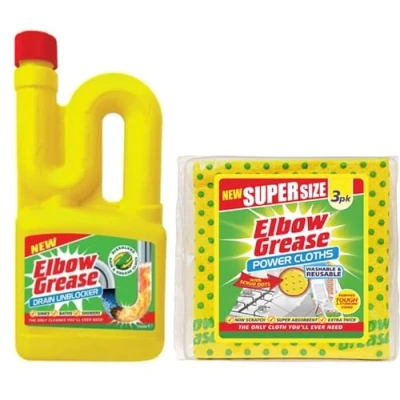 Image of Elbow Grease Drain Unblocker 750 ml Effective For Sinks, Baths, Showers Stubborn Blockages with 1 Pack Power Cloth
