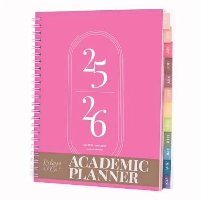 Image of Rileys Planner 2024 2025 Academic Year, 18 Month Weekly &amp; Monthly Agenda Planner, Flexible Cover, Notes Pages, Twin Wire Binding (20 x 15 cm, Pink)
