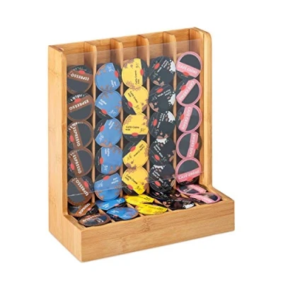 Image of Relaxdays Cafissimo Capsule Dispenser, Coffee Pod Holder, Storage Rack, Bamboo &amp; Acrylic, HxWxD: 29x24.5x12 cm, Natural