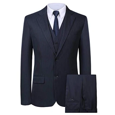 Image of HOTK Men&#039;s Suits Slim Fit 3 Piece Pinstripe Groom Tuxedos Notch Lapel Business Formal