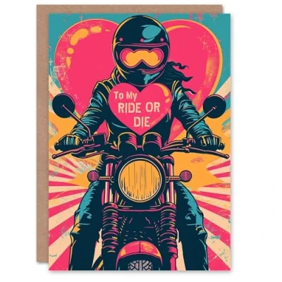 Image of Artery8 Valentines Day Greeting Card Pop Art Biker Chick Ride or Die For Him Husband Partner