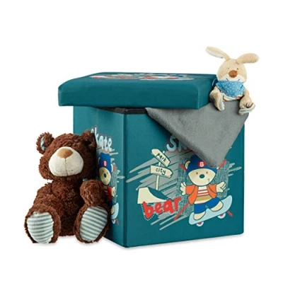 Image of Relaxdays Children&#039;s Storage Ottoman, Foldable, with Space, Toy Chest Lid, HxWxD: 38 x cm, Bear Motif