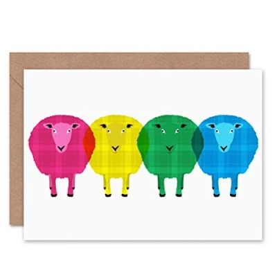 Image of Wee Blue Coo Birthday Friendship Tartan Sheep Scotland Art Gift Sealed Greeting Card Plus Envelope Blank inside