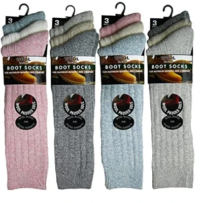 Image of Ladies Luxury Chunky Wool Blend Long Hose Cushion Sole Hiking Boot Socks 3 PAIR DEAL