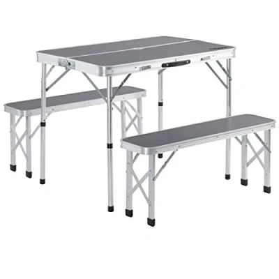 Image of CASARIA® 3pc Lightweight Folding Picnic Table and Bench Set Portable Weatherproof Height Adjustable Camping with Benches Foldable 4 Person Garden Dining Group 90x60cm Grey