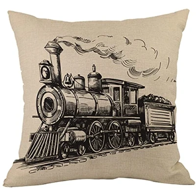 Image of CANSEGO Train Pillow Covers Cases Country Railway Vintage Locomotive Wooden Wagons Smoke Beige Throw Cushion Cotton Linen 18x18 Inch Home Decor Couch Desk Bedroom