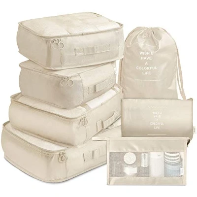 Image of Packing Cubes 7 Pcs Travel Luggage Organizers Set with Laundry Bag and Toiletry (Beige)