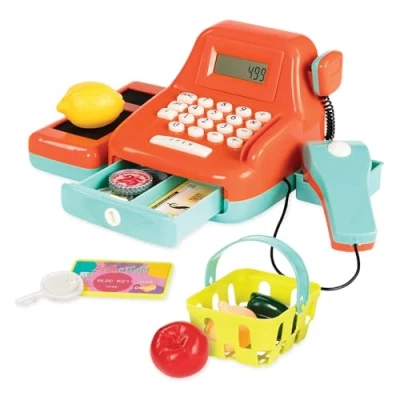 Image of Battat Cash Register Toy Playset Pretend Play Kids Calculator with Accessories for 3+ (26 pieces), Sunset Chevron Orange/Evening Red
