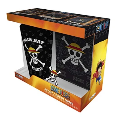 Image of ABYstyle One Piece Straw Hat Crew 400ml Glass &amp; A6 Notebook Pin Badge Gift Set