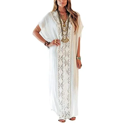 Image of YouKD Cotton Hollow Up Floral Loose Caftan Boho Beach Bikini Cover Dress Plus Size Loungewear for Women