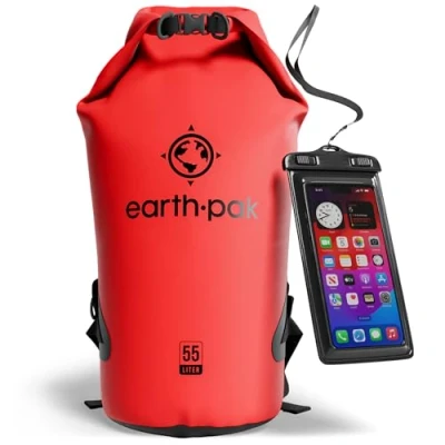 Image of Earth Pak Waterproof Dry Bag Roll Top Sack Keeps Gear for Boating, Hiking, Camping and Fishing with Phone Case (Red, 55L)